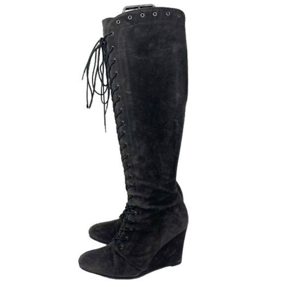 Stuart Weitzman knee high gray suede boots 6.5M riding equestrian wedged lace up - Picture 5 of 9
